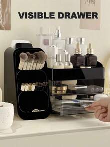 Makeup Organizer With Brush Holder, Drawers, Countertop Storage Organizer, Perfect Storage For Lipsticks, Eyeshadows, Nail Polishes, Makeup Organizer Cosmetic Storage For Vanity, Makeup Brushes Storage, Skin Care Storage,Perfumes, Bathroom & Bedroom Storage, Valentines Gift - 黑色的 - 查看 5