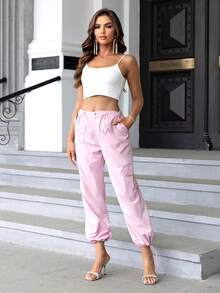 Women's Casual Fashion Street Drawstring Waist Flap Pocket Cargo Jogger Pants Pink - Pink - View 3
