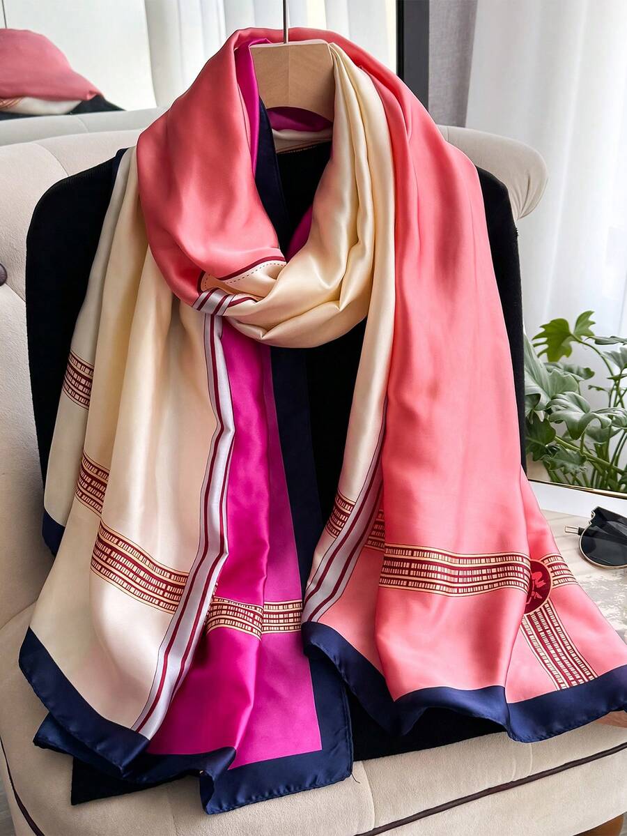 1pc Women's Faux Silk Minimalist Graphic Print Patchwork Scarf, Fashionable Versatile Accessory For Spring/Autumn, Suitable For Daily Wear, Travel And Sun Protection,Beach,Holiday - Multicolor - View 1