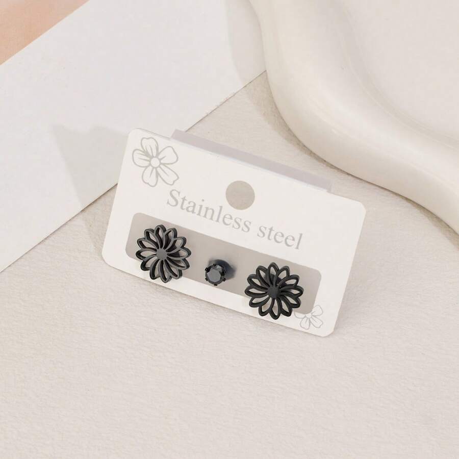 不锈钢花朵耳环，镶嵌锆石，简约优雅，时尚几何花朵女士耳环，适合夏季日常佩戴 - ZH079 - 查看 1