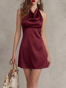 Elegant French Faux Silk Satin Halter Neck Backless A-Line Waist Tie Short Dress, Suitable For Daily, Commute, Date, Party, Valentine's Day, Vacation Summer - Wine Red - View 1