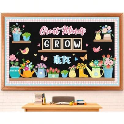55Pcs Spring Bulletin Board Decorations Flower Pot Paper Cutouts Great Minds Grow Here Bulletin Board Set Spring Floral Motivational Classroom Wall Decor For School Office Home Nursery Chalkboard Door