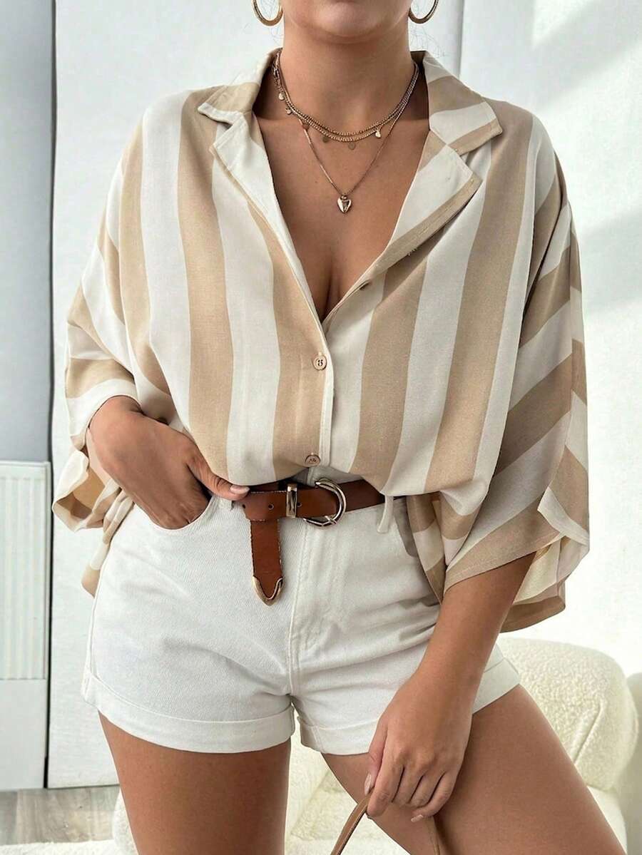 Áo sơ mi kẻ sọc đơn giản, rộng rãi, thời trang, đa năng dành cho nữ cỡ lớn mùa xuân và hè, áo kiểu thường ngày cho nữ, trang phục đi nghỉ mát cho nữ - Màu be - Xem 1