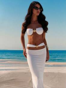 White Sun Decor Balconette Bikini Set With Matching Maxi Skirt Cover Up - White - View 5