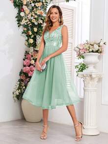 夏季V领亮片薄纱A字伴娘礼服，优雅派对礼服，舞会礼服，适合婚礼宾客、毕业典礼、晚宴等场合。 - 薄荷綠 - 查看 5