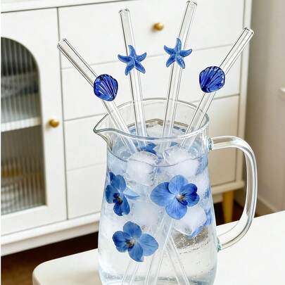 1/2pcs Cute Blue Starfish/Shell Glass Straw Set, Reusable Bent Thick Glass Straw Tableware Set, Suitable For Kitchen Accessories, Straw Decor, Cold Drinks, Milk Tea, Coffee, Juice, Smoothie, Home, Restaurant, Hen Party, Wedding, Cocktail Party, Back To School, Fun Gift For Girlfriend/Boyfriend, Parents, Friends, Summer, Easter Gift