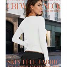 Ladies' Basic Long Sleeve Round Neck T-Shirt, Slim Fit, 2024 Autumn Y2K Style Crop Top, Cute Tight-Fitting Shirt - White - View 3