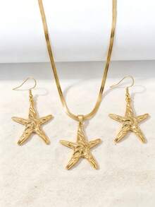 Set 2pcs/Set Anting dan Kalung Bintang Laut Berlapis Emas dengan Tekstur Segar Laut, Perhiasan Elegan untuk Pesta Pantai dan Liburan - Yellow Gold - View 3