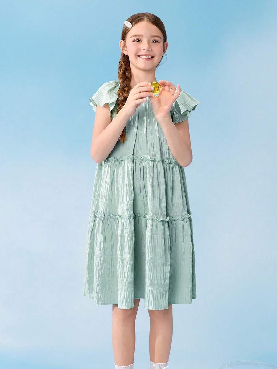 Balabala 女童公主裙 荷叶袖 蓬蓬裙 甜美梦幻派对生日礼服 2026夏季款 - 粉綠 - 查看 1