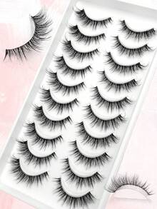 10 Pairs Fluffy Natural Manga Wispy False Eyelashes With Brush- Clear Band, Faux Mink Lashes, Cat Eye Lashes, Short Natural Look For Everyday Glam - Reusable, Comfortable, Beginner Friendly - Multicolor - View 3