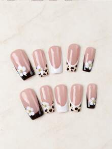 Bộ 10 miếng dán móng tay thủ công màu hồng nude họa tiết da báo và hoa trắng (XS/S/M/L): Nền hồng nude với họa tiết da báo màu nâu đậm, đầu móng kiểu Pháp màu trắng và trang trí hoa trắng 3D, phong cách trung tính ngọt ngào, bề mặt bóng mịn, phù hợp cho các hoạt động hàng ngày, các dịp xã giao nhẹ nhàng, có thể tái sử dụng. - Màu nâu Sô-cô-la - Xem 4