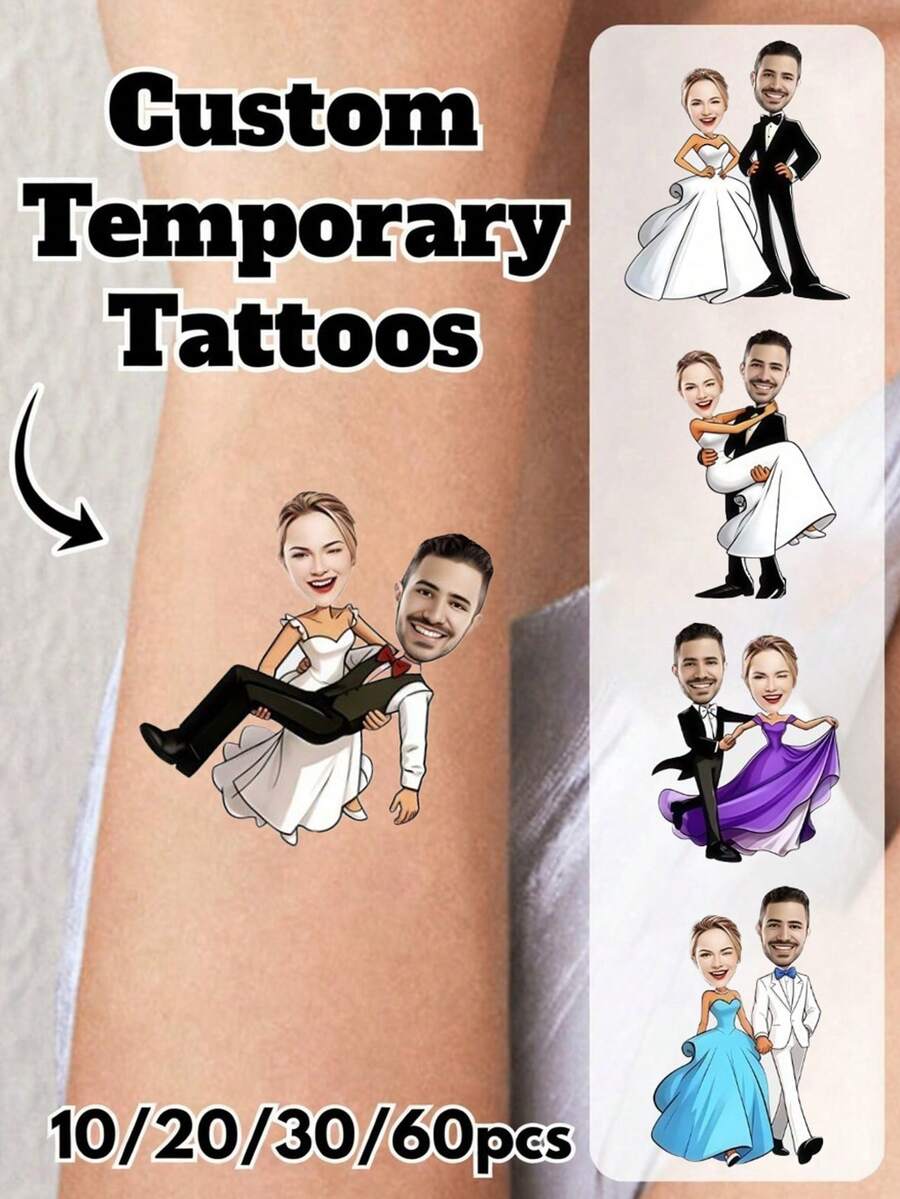 Có các gói 10/20/30/60 miếng, Hình xăm tạm thời tùy chỉnh với ảnh và tên, Hình xăm cá nhân hóa với chữ, Hình xăm mặt cho cô dâu, Hình xăm tạm thời cho tiệc độc thân, Quà tặng hình xăm mặt sinh nhật - Quà sinh nhật hình xăm mặt cá nhân hóa, Quà Giáng sinh, Trang trí Giáng sinh, Quà Lễ Tạ ơn, Quà Năm mới, Trang trí tiệc