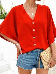 Woman Button Front Blouse – V Neck Batwing Sleeve Casual Chic Top - Orange - View 2