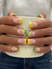 10pcs Y2K Nails Pipe-Shaped Press On Nails Set - Handcrafted, Pink Nails, Yellow Nails, Yellow And Green Gradient French Tip Nails, Hand Drawn Black Zebra Stripe And Yellow French Tip Style Design, Hand Drawn Green And Yellow Gradient Nails, Sparkling White Pearl And Gold Little Steel Ball Decoration - Nhiều màu - Xem 2