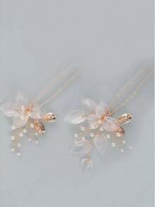 2件装女士粉色花朵金叶仿珍珠发夹头饰，适合日常佩戴和婚礼场合 - 金色 - 查看 3