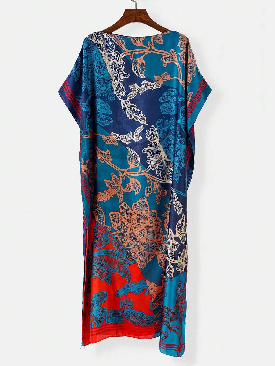 1 chiếc khăn choàng giả lụa in hoa thanh lịch dành cho nữ, áo kimono satin nhẹ thoáng khí, thích hợp cho mùa xuân/hè đi biển, nghỉ mát, chống nắng, du lịch. - xanh đậm - Xem 1
