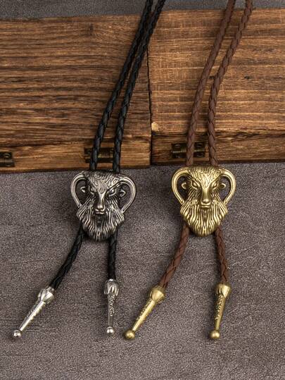 1件复古公羊头领带，3D羊头扣黑色/棕色绳项链，男女通用配饰