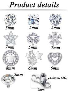 12颗不锈钢微珠表面穿刺耳钉，14G内螺纹星形和心形锆石装饰，5mm、6mm、7mm银色，男女皆宜 - 款式D - 查看 2