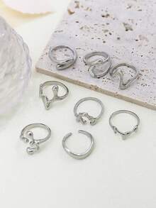 Set de 8 anillos de metal liso asimétrico vintage, anillos geométricos para mujer, aptos para uso diario - Plateado - Ver 4