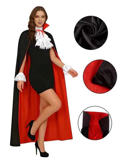 成人吸血鬼服装套装，哥特风格，红色内衬黑色斗篷，适合狂欢节派对、万圣节角色扮演、情侣主题服装、舞台表演化装舞会、情人节、狂欢节等场合。