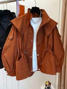 1pc Solid Color Woven Fabric Drawstring Pocket Front Button Trench Coat, Casual Spring/Autumn - Rust Brown - View 1