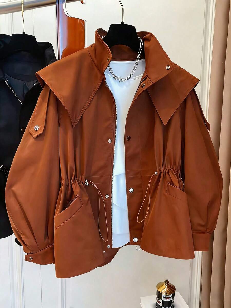 1pc Solid Color Woven Fabric Drawstring Pocket Front Button Trench Coat, Casual Spring/Autumn - Rust Brown - View 1