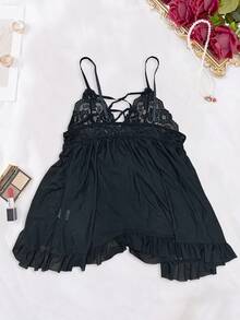 Vestido de encaje con abertura en la entrepierna y diseño fruncido para mujer de talla grande y sexy - Negro - Ver 7