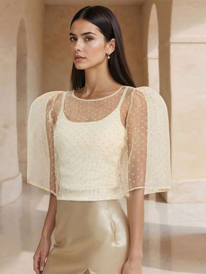 1 pieza Blusa de manga media para mujer, estilo moderno Filipiniana, adecuada para vacaciones, citas, temporada de verano, color champán
