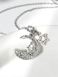 Romantic Star & Moon Rhinestone Pendant Necklace, Silver Color, Fashionable & Unique, Lucky Star Necklace, Suitable For Men And Women, Gift For Valentine's Day, Mother's Day - Silver - View 6