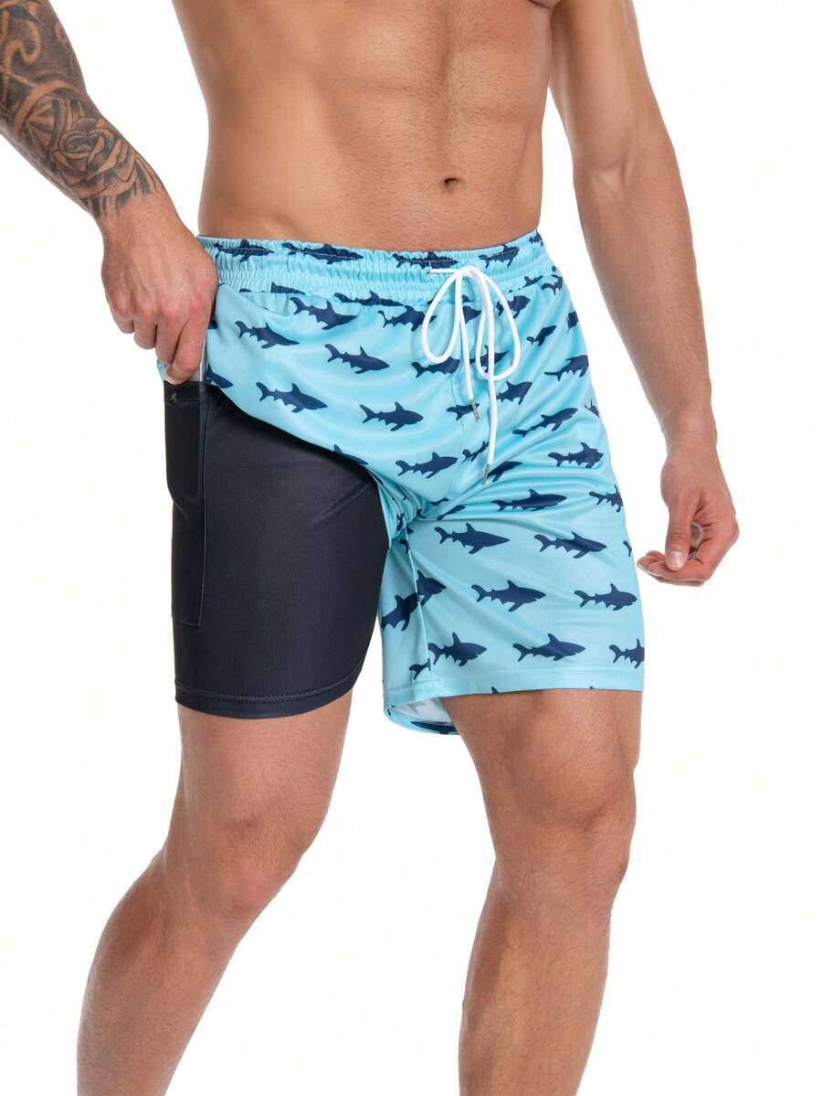 JUNBAOSS Mens Swim Trunks With Compression Stretch Beach Shorts Quick Dry With Pockets No-Chafing Board Shorts, Breathable Fit Hawaii Beach Shorts Swimwear Bathing Suits - Baby Blue - View 1