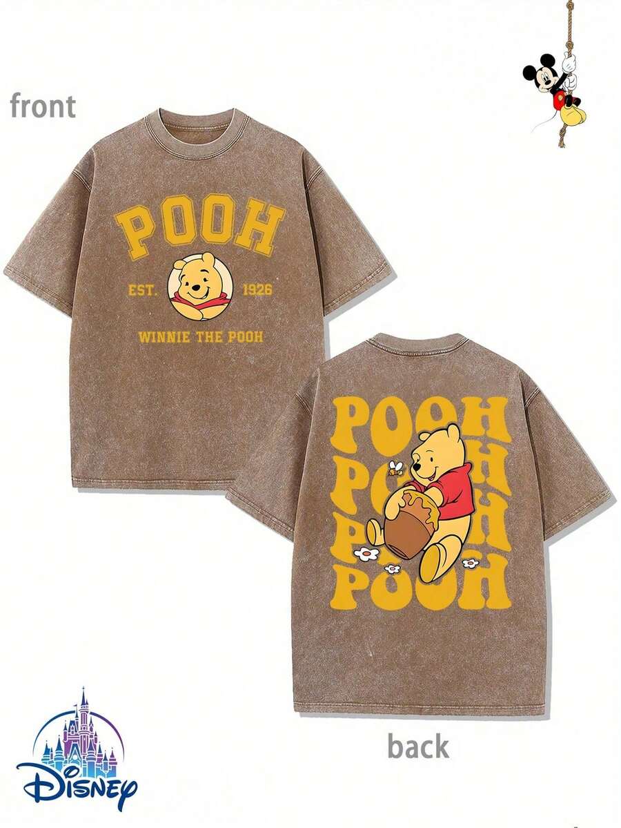 1 New Disney Cotton Washed T-Shirt, Disney Winnie The Pooh Print, Round Neck Leisure And Comfortable Cotton Washed T-Shirt, Suitable For Sports And Daily Wear, A Good Choice For Gifts, A Must For Parties, High-Quality Clothing, Suitable For Gifts. - 卡其色 - 查看 1
