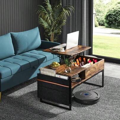 HOMEMAKE FURNITURE Mesa de Centro Elevable Estilo Industrial Rústico Almacenamiento Oculto Revistero Lateral Base Metálica Armado Fácil para Sala u Oficina Nogal