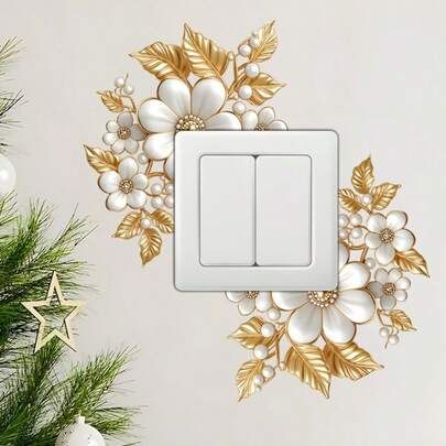 1件优雅金白花卉开关墙贴 - 金色叶子和白色花朵墙饰，墙贴，适用于客厅、卧室、厨房、浴室、浴室装饰、厨房装饰、装饰艺术