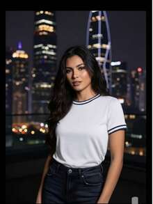 Women's Baby Look Blouse With Short Ribbed Knit, Round Neck, And Elegant Basic Detail - Black and White - View 1