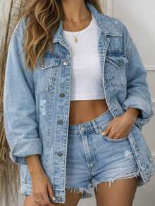 Maxi Oversized Denim Jacket With Pockets, Women's Long Winter - Marbled - View 3