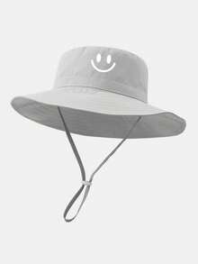 2 piezas Sombrero de sol para niños de unicolor con estampado de dinosaurio y correa para la barbilla, sombrero de cubo de protección solar de verano para la playa - Cara sonriente azul marino y gris - Ver 3