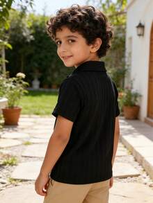 Baby Boy Black Ribbed Collar Short Sleeve Polo Shirt, Spring/Summer - Black - View 2