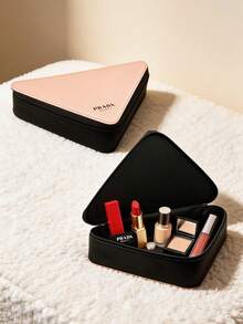 Prada Pink Triangle Shape Large Capacity Cosmetic Bag, Travel Toiletry Organizer Pouch With Zipper - Black and Pink - View 5