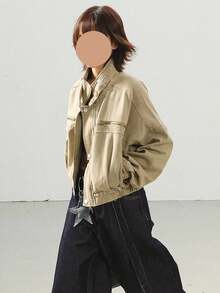 New Spring/Autumn Collection: Retro Workwear-Style Biker Jacket - Unisex, Loose-Fit, Slimming, Cropped Outerwear - 卡其色 - 查看 3