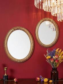 1pc Vintage Lace Pattern Oval Decorative Wall Mirror, European Style Home Decor Art Piece, Creative Vanity Mirror, Suitable For Wall Decor, Dressing Table Mirror And Photography Props - Multicolor - View 3