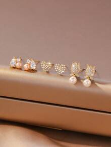 3 Pairs Delicate Pearl Stud Earrings, Zirconia Earrings, Unique Heart & Tulip Design Earrings, Versatile For Work And Daily Wear - Multicolor - View 10