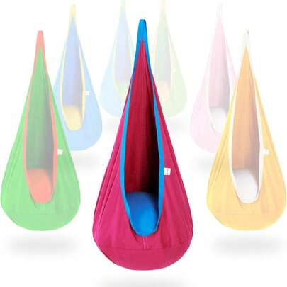 1个带充气垫的吊椅，吊床式秋千椅，室内/室外娱乐，阅读角，胶囊秋千椅，棉质吊床秋千椅，适合室内/室外感官秋千，粉色和蓝色