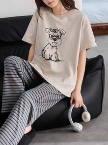 2pcs Women's Pajama Set, Summer Breathable Casual Short Sleeve & Long Pants Cartoon Homewear - Grey - View 3