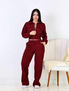 Women's Corduroy Velvet Set With Jacket And Pants - Comfort And Style - 紅木色 - 查看 4