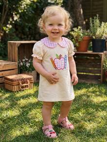 Little Girls Back To School Dress Summer Short Sleeve Plaid Doll Collar Apple Ruler Embroidered Dress - Khaki - View 5