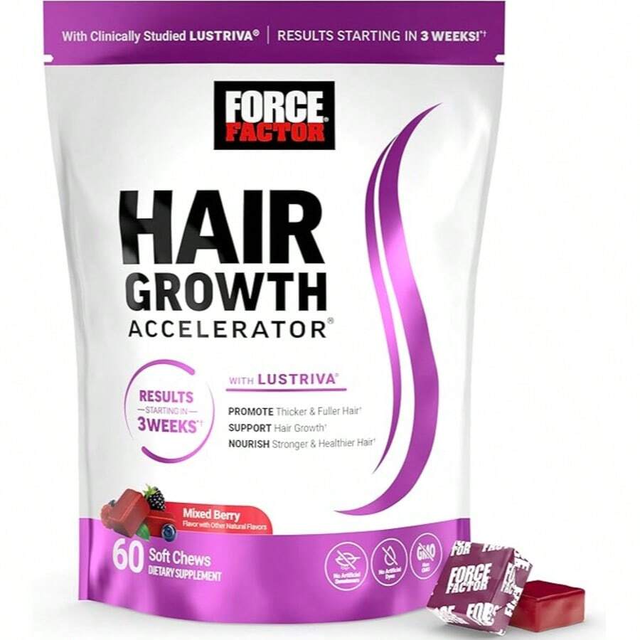 Force Factor Hair Growth Accelerator Soft Chews, Hair Growth Vitamins For Women And Men With Clinically Studied Lustriva And Biotin, Promotes Thicker, Fuller, Stronger Hair, Mixed Berry, 60 Soft Chews - 350克 - 查看 1