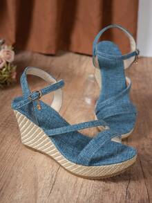 Women's Fashion Wedge Sandals, New Spring/Summer Blue Linen Rope Bottom Thick Sole Wedge Sandals - Baby Blue - View 4