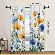 2pcs Watercolor Wildflower Curtains,Featuring Yellow And Blue Flowers And Green Leaves In A 2D Flat Print.They Are Translucent,Have A Fresh Botanical Feel,And Are Perfect For Spring And Summer Home Decor.Suitable For Dining Rooms,Kitchens,And Living Rooms. - Multicolor - View 7