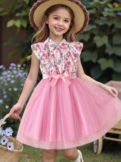 Young Girls Floral Print Ruffled Collar Sleeveless Contrast Mesh Dress + Waist Belt