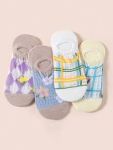 1/5/10/15/20 Pairs Random Women Thin Mesh Breathable Sweet Floral Shallow Invisible Boat Socks - Multicolor - View 5